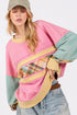 SAGE + FIG Mineral Wash Raw Edge Color Block Sweatshirt Barbie Pink Sweatshirts