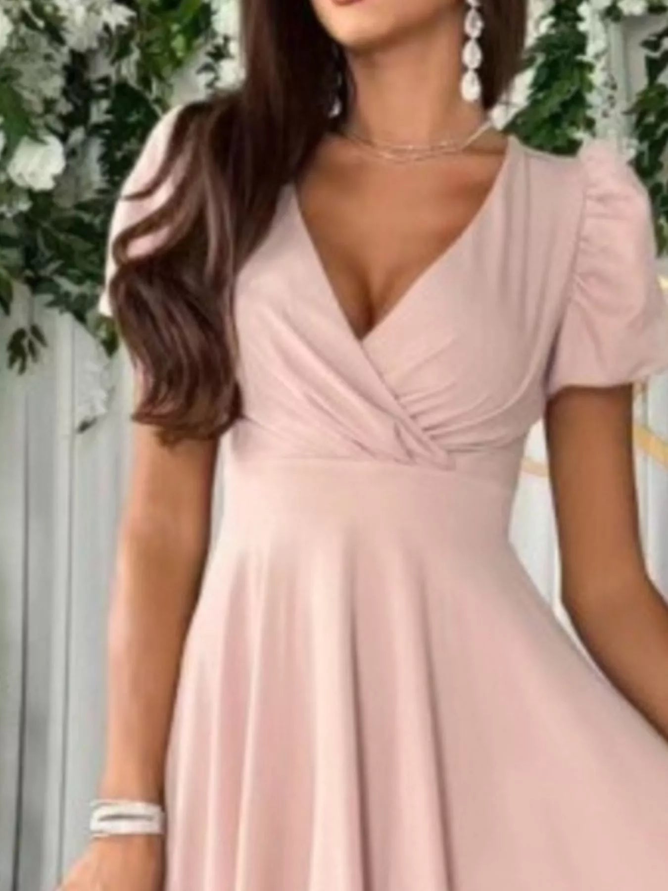 Surplice short sleeve midi dress in soft blush pink with deep V-neck