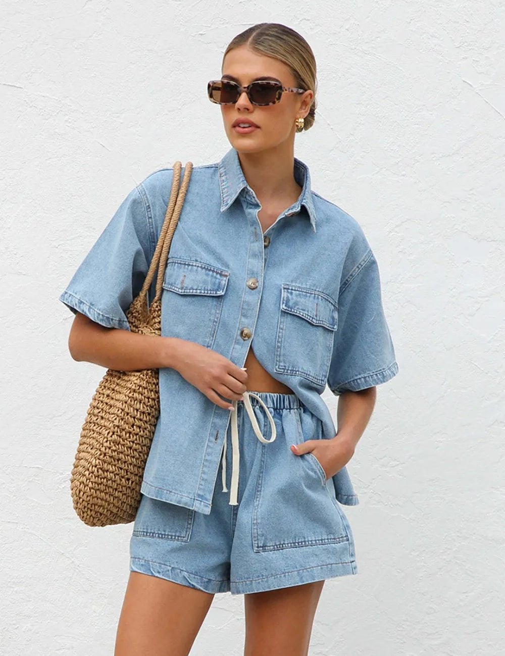 Light Collared Neck Button Up Top and Shorts Denim Set | Outfit Sets Daverri Fashions