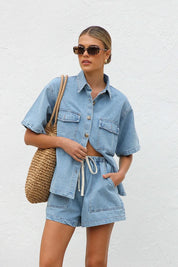 Light Collared Neck Button Up Top and Shorts Denim Set | Outfit Sets Daverri Fashions