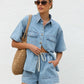 Collared Neck Button Up Top and Shorts Denim Set - DAVERRI FASHIONS