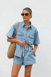 Collared Neck Button Up Top and Shorts Denim Set - DAVERRI FASHIONS