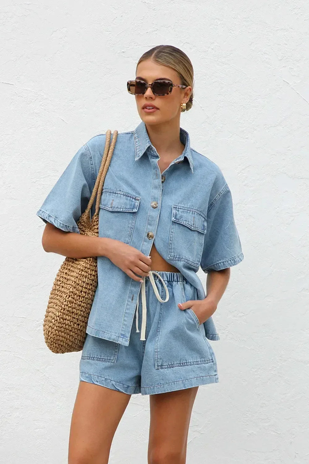 Collared Neck Button Up Top and Shorts Denim Set - DAVERRI FASHIONS