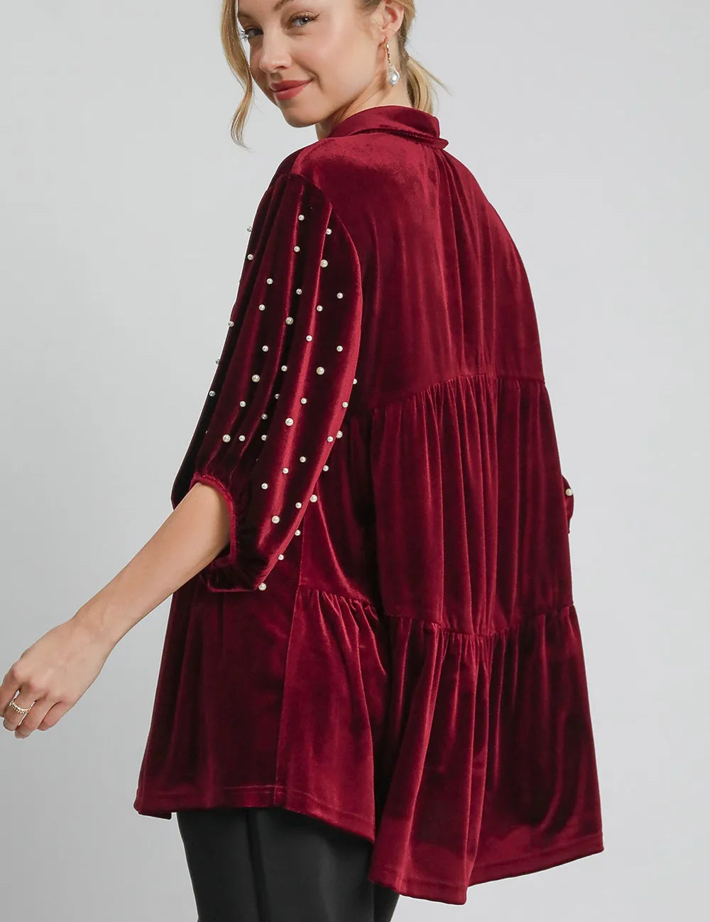 Umgee Pearl Detail Collared Neck Velvet Babydoll Blouse | Blouses Daverri Fashions
