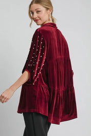 Umgee Pearl Detail Collared Neck Velvet Babydoll Blouse | Blouses Daverri Fashions