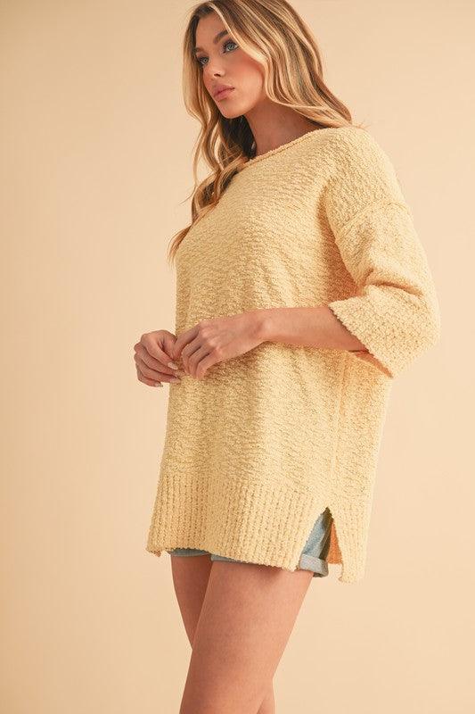 Aemi + Co Side Slit Ribbed Hem Round Neck Sweater Sweaters