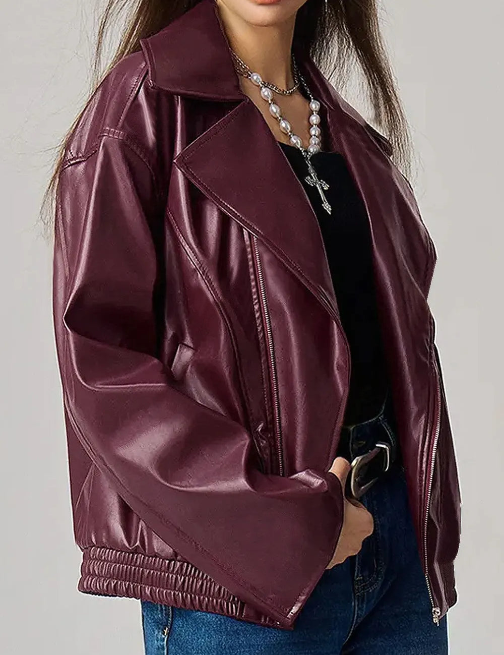 Zip Up Drop Shoulder Faux Leather Jacket | Jackets Daverri Fashions