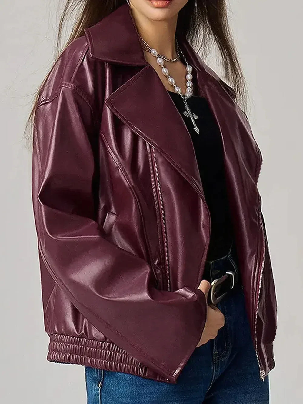 Zip Up Drop Shoulder Faux Leather Jacket - DAVERRI FASHIONS