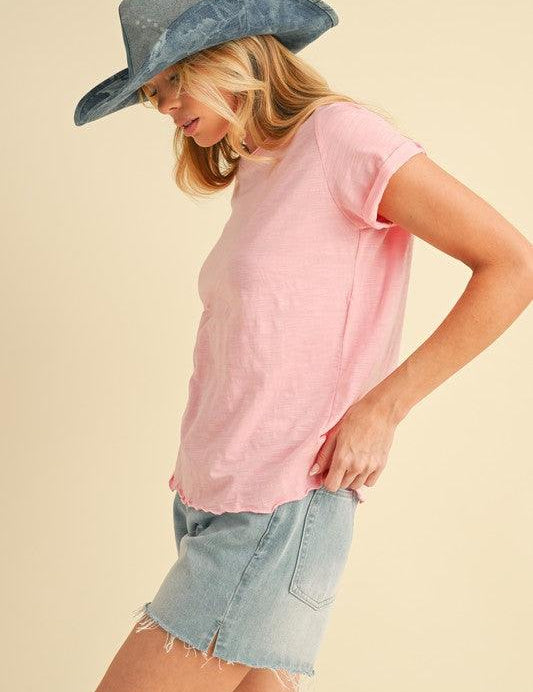 Aemi + Co Lettuce Edge Round Neck Short Sleeve T-Shirt | T-Shirts Daverri Fashions
