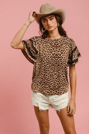 BiBi Leopard Crochet Trim Round Neck Short Sleeve Top