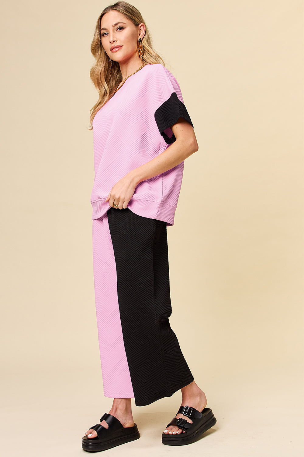 Double Take Full Size Texture Contrast T-Shirt and Wide Leg Pants Set Outfit Sets