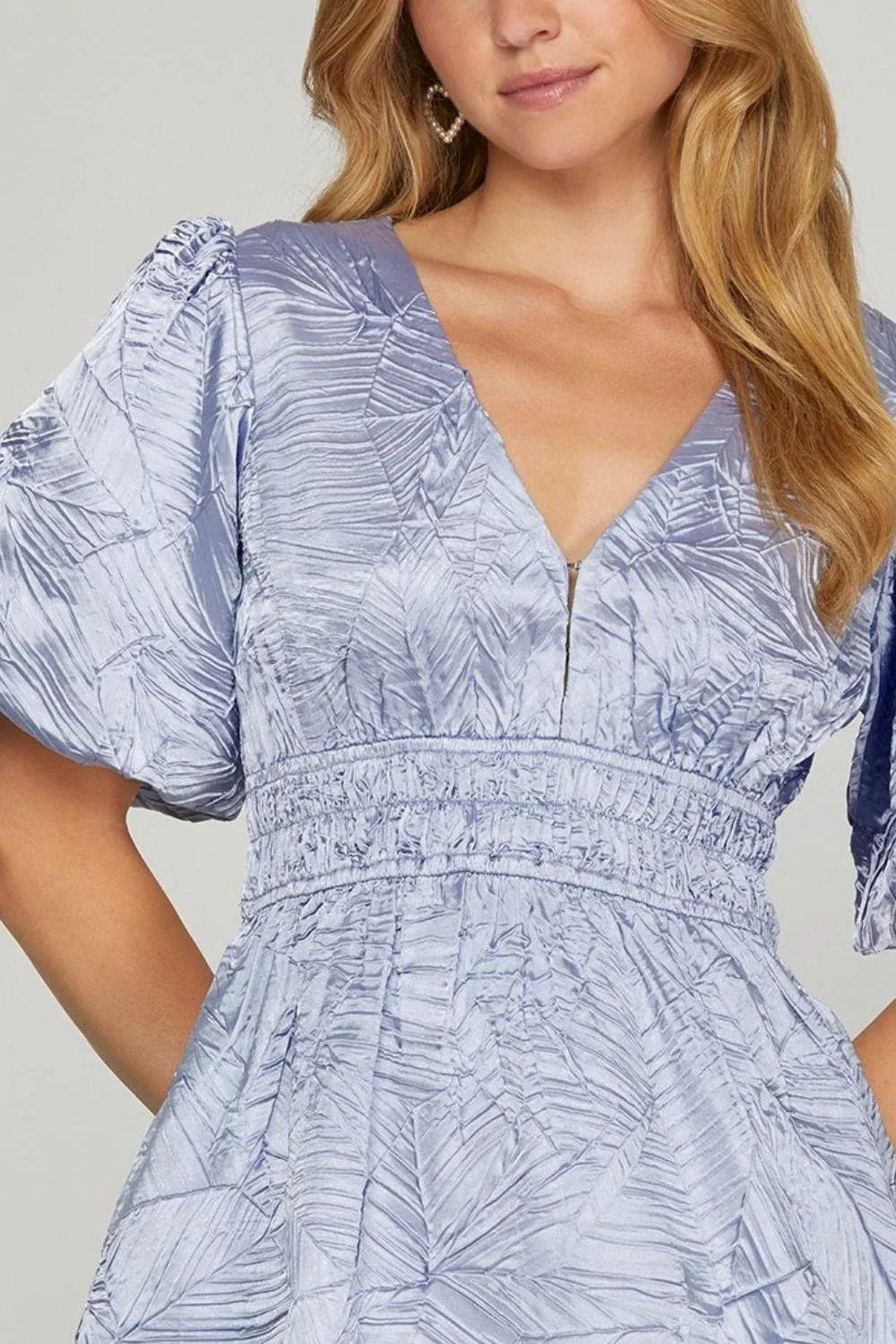 She + Sky Crinkle Woven V-Neck Balloon Sleeve Mini Dress - DAVERRI FASHIONS