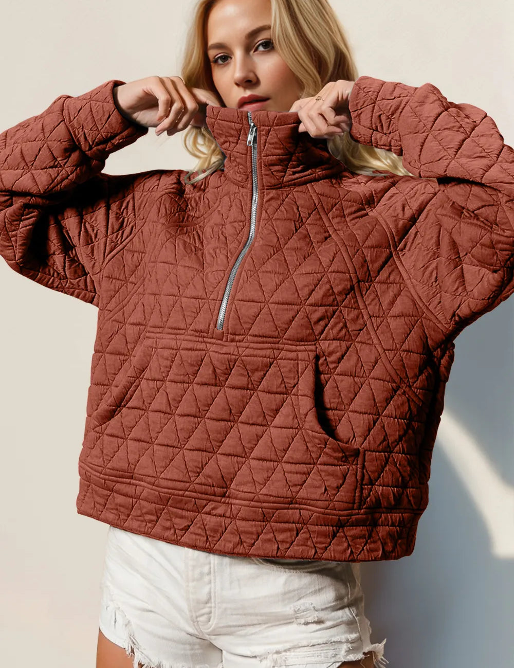 Caramel Double Take Half Zip Long Sleeve Quilted Sweatshirt with Pocket | Sweatshirts Daverri Fashions