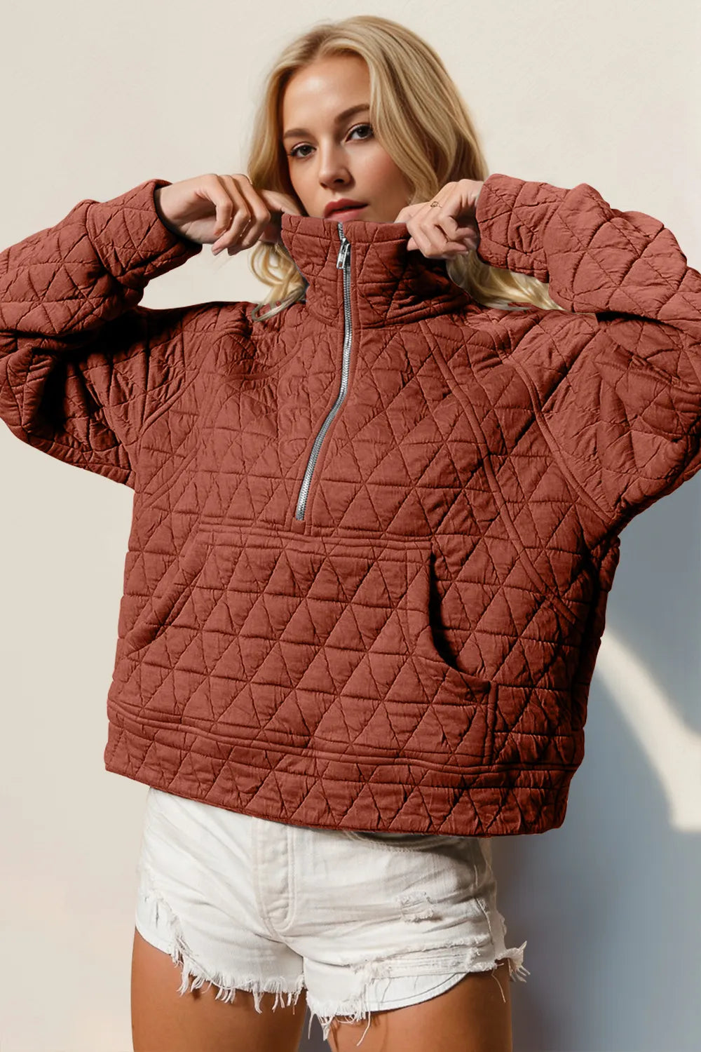 Caramel Double Take Half Zip Long Sleeve Quilted Sweatshirt with Pocket | Sweatshirts Daverri Fashions
