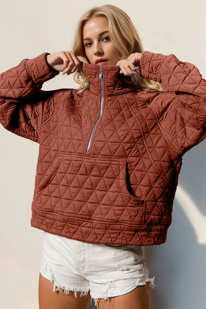 Caramel Double Take Half Zip Long Sleeve Quilted Sweatshirt with Pocket | Sweatshirts Daverri Fashions