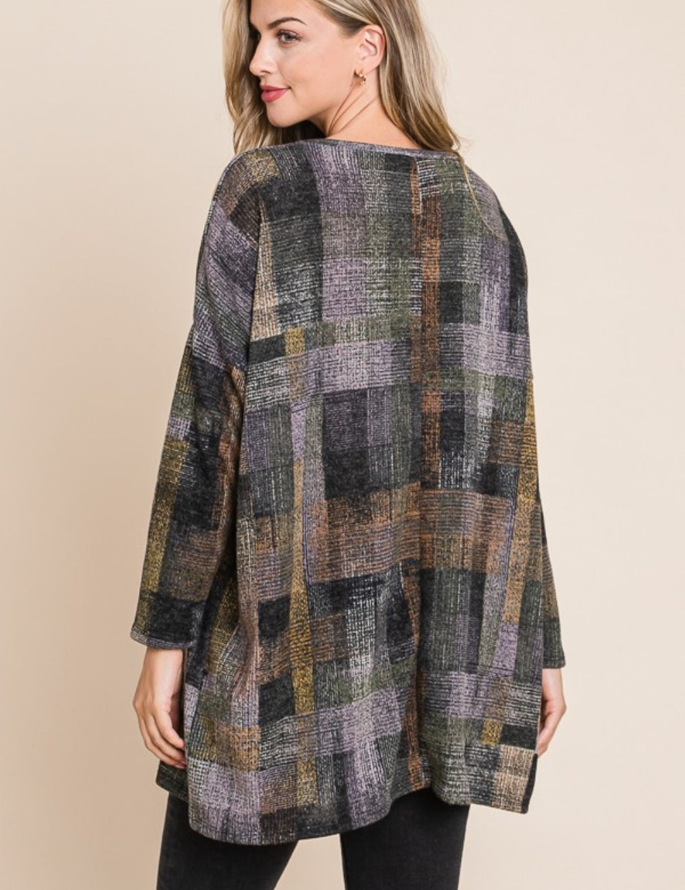 BOMBOM Plaid Round Neck Long Sleeve Top | Tops Daverri Fashions