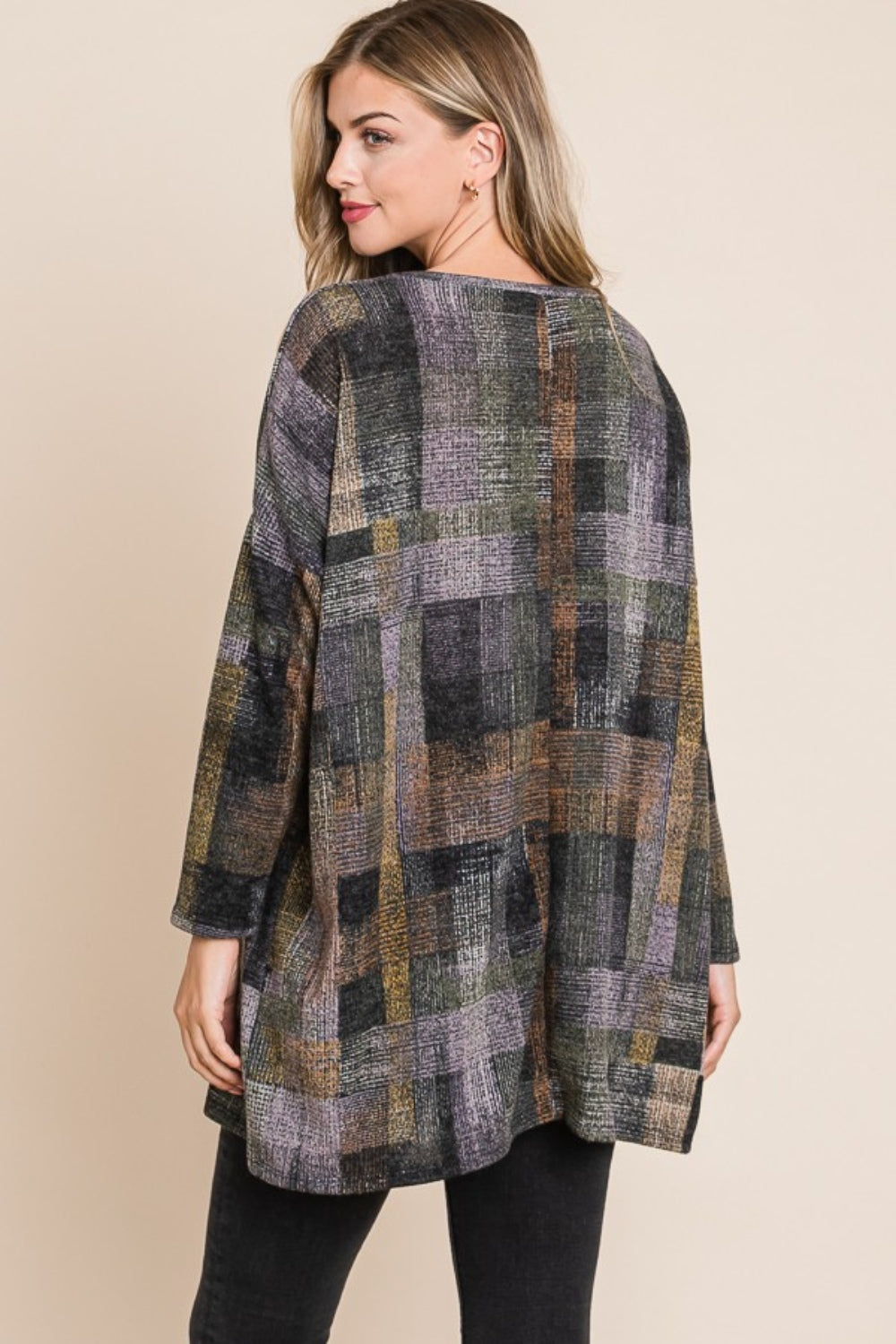BOMBOM Plaid Round Neck Long Sleeve Top | Tops Daverri Fashions