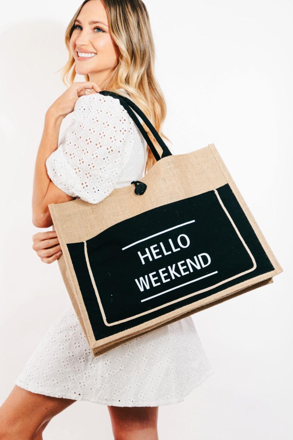 Hello Weekend Burlap Tote Bag Black One Size Handbags