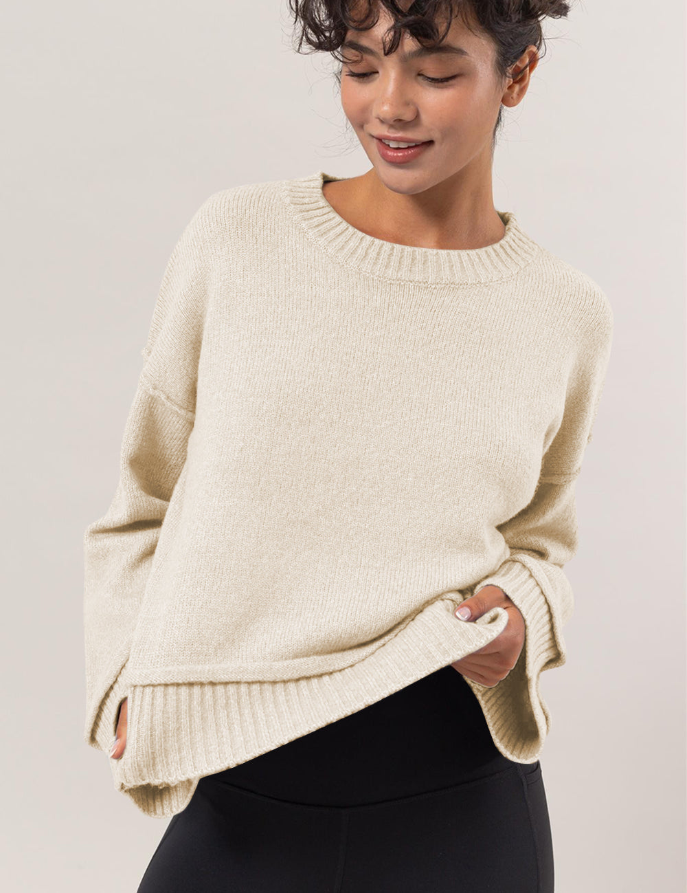 HYFVE Round Neck Dropped Shoulder Ribbed Sweater Cream M Tops