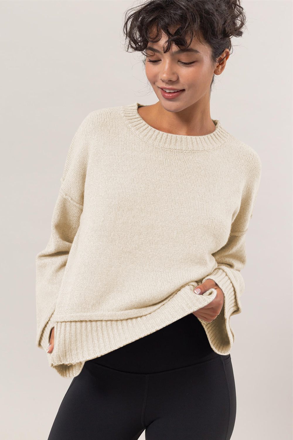 HYFVE Round Neck Dropped Shoulder Ribbed Sweater Cream M Tops