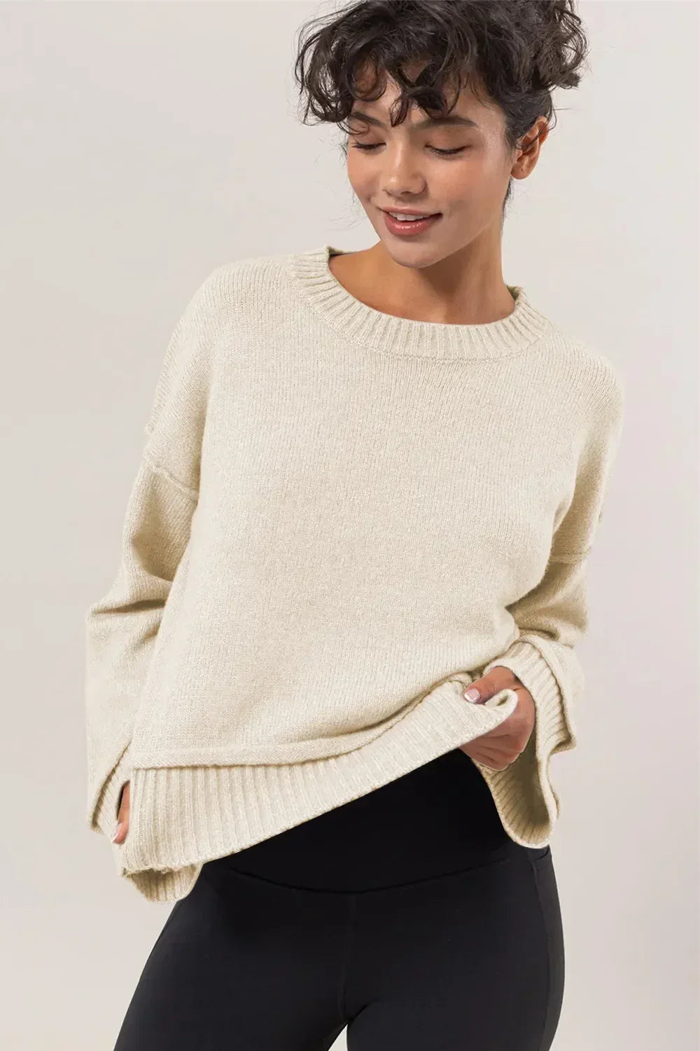 HYFVE Round Neck Dropped Shoulder Ribbed Sweater - DAVERRI FASHIONS