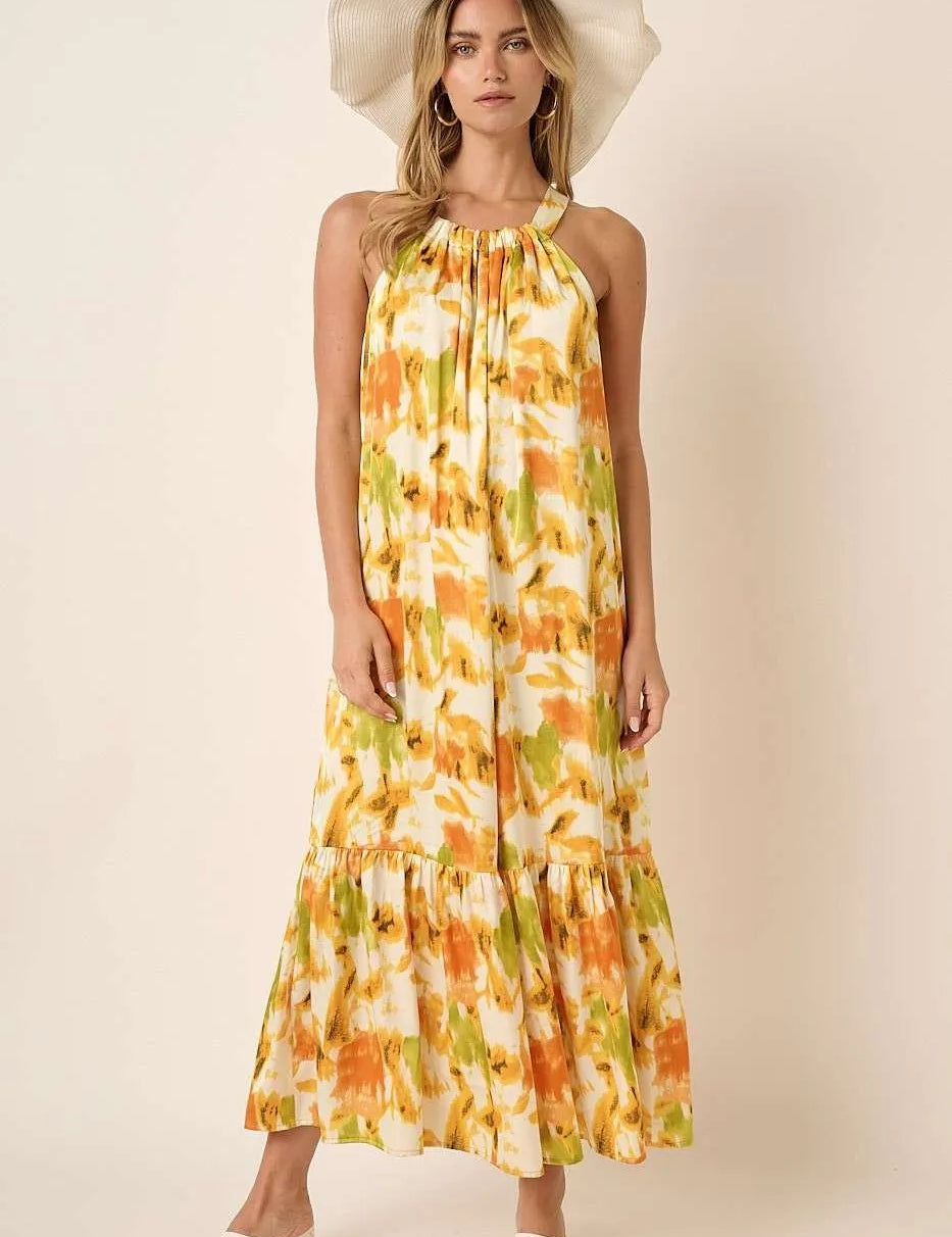 ORANGE Mittoshop Watercolor Print Halter Neck Satin Maxi Dress | Maxi Dresses Daverri Fashions