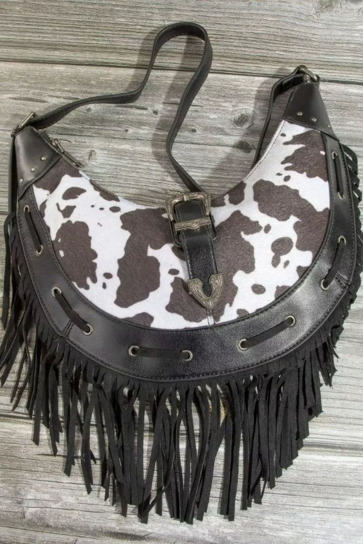 Cow Print Faux Leather Fringe Hobo Bag | Hobo Bags Daverri Fashions