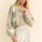 Davi & Dani floral drop shoulder cropped sweater in soft beige knit with white patterns