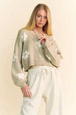 Davi & Dani floral drop shoulder cropped sweater in soft beige knit with white patterns