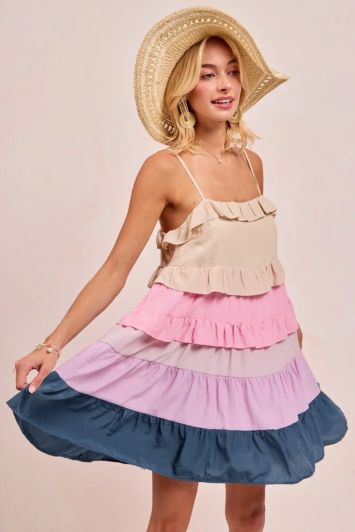 BiBi Color Blocked Tiered Dress Mini Dresses