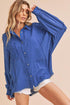 Aemi + Co Raw Edge Exposed Seam Collared Neck Long Sleeve Shirt Royal Blue