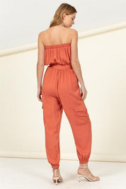 Flap Side Pockets Belted Tube Jumpsuit Jumpsuits