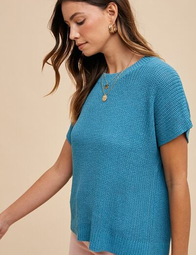 Annie Wear Round Neck Short Sleeve Sweater Sweaters