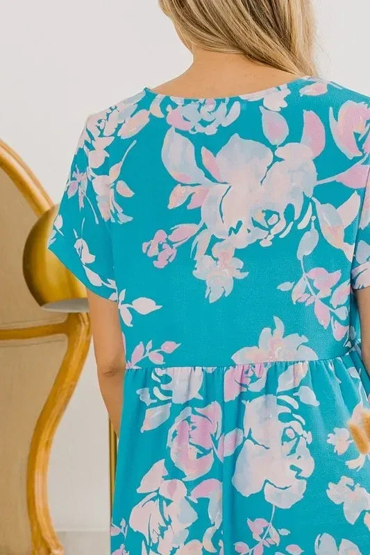 BiBi Floral Crinkle Shirred Ruffle Detail V Neck Dress - DAVERRI FASHIONS