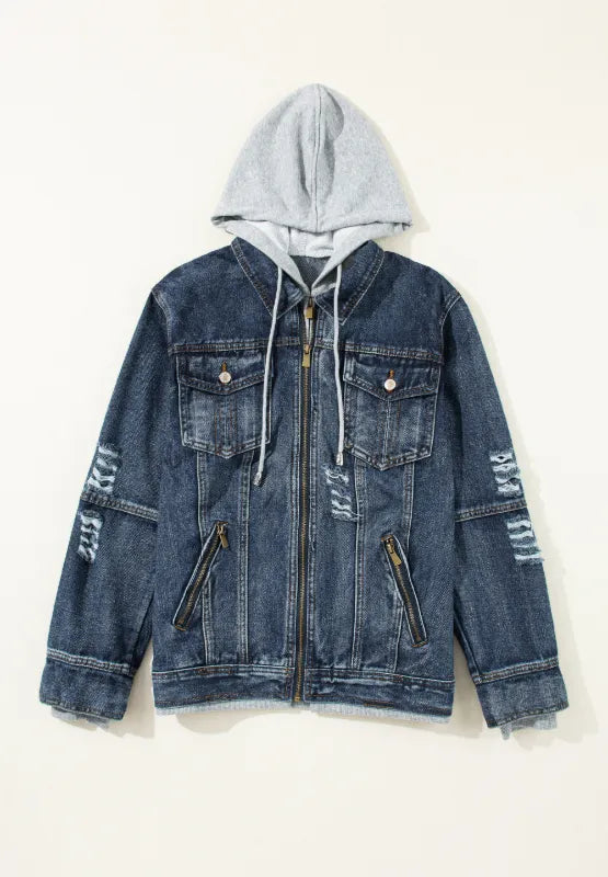 Faux Two-Piece Hooded Zip-Up Denim Jacket | Denim Jackets Daverri Fashions