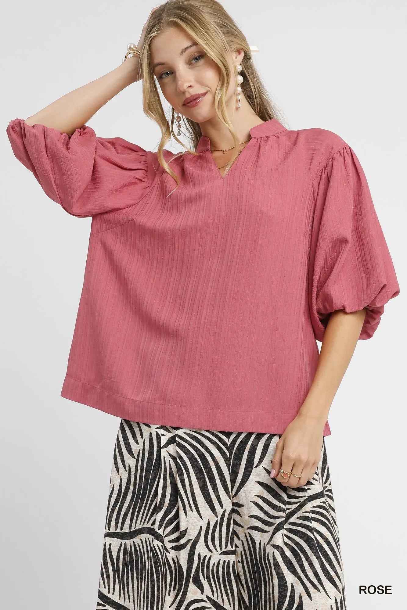 Umgee Textured Puff Sleeve Blouse ROSE Tops