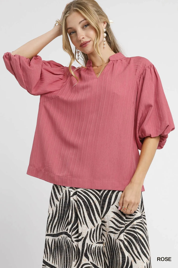 Umgee Textured Puff Sleeve Blouse ROSE Tops