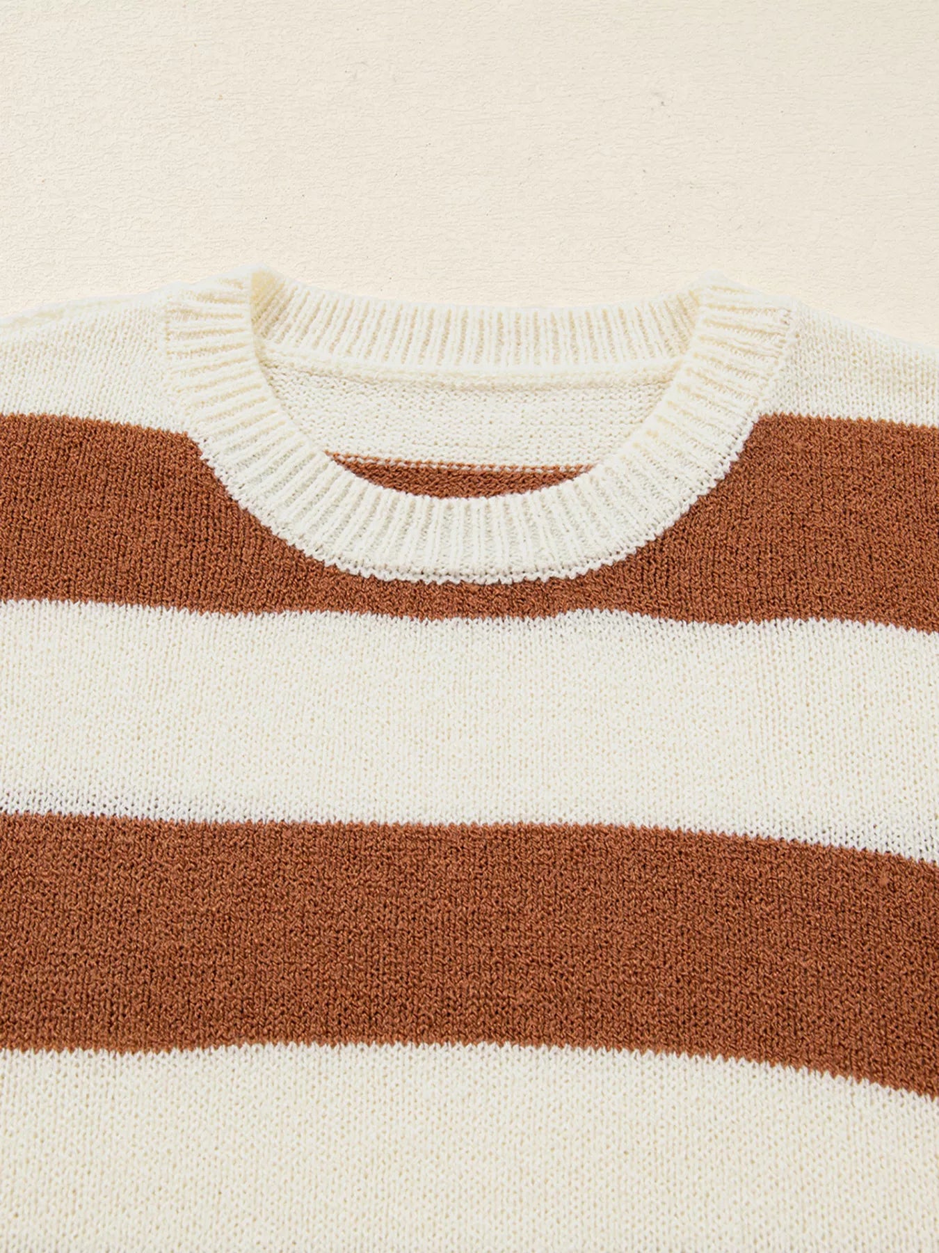 Brown and white striped drop shoulder baggy sweater with ribbed neckline