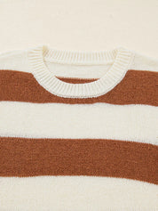 Brown and white striped drop shoulder baggy sweater with ribbed neckline