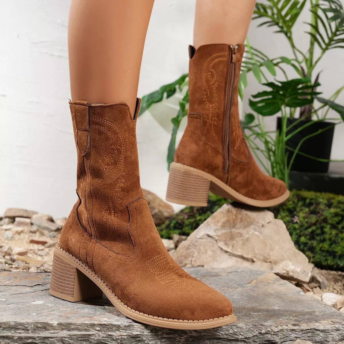 Lexi Suede Block Heel Western Boots | Boots Daverri Fashions