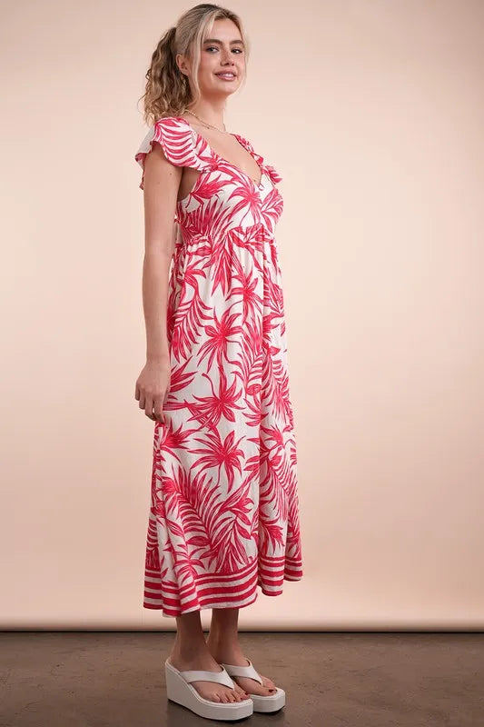 VERY J Tropical Printed Midi Summer Boho Dress in white with pink leaf patterns