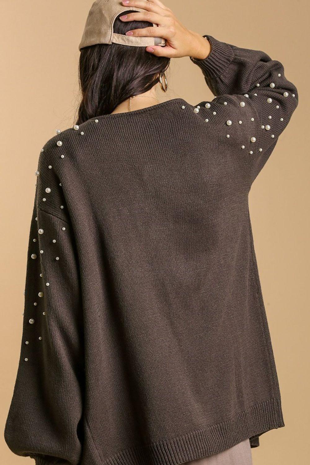 Umgee Open Front Cardigan with Long Sleeve Pearl Details Cardigans