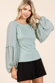 Mittoshop Mixed Media Textured Knit Chiffon Long Sleeve Top