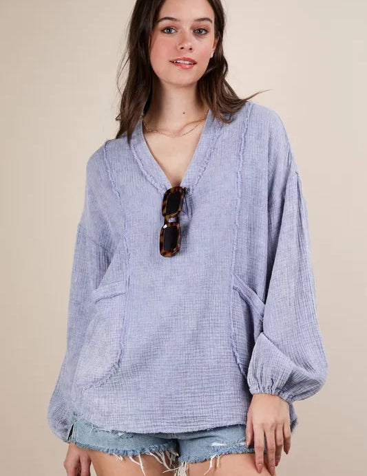 Blue VERY J Plus Size Washed Cotton Gauze Oversized Top | Blouses Daverri Fashions