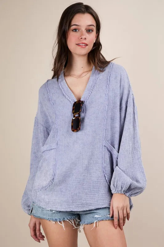 Blue VERY J Plus Size Washed Cotton Gauze Oversized Top | Blouses Daverri Fashions