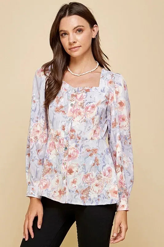 Lime 'N' Chili Floral Sweetheart Neckline Button Down Blouse - DAVERRI FASHIONS