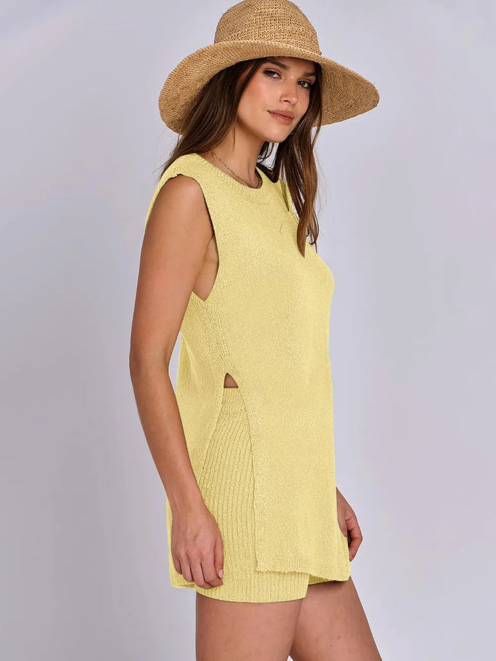 Side Slit Round Neck Tank and Ribbed Shorts Sweater Set | Outfit Sets Daverri Fashions