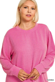 Zenana Full Size Raised Rib Round Neck Long Sleeve Top Plus Size | Daverri Fashions