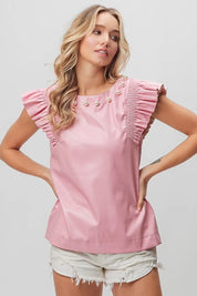 BiBi Leather Look Smocked Ruffled Top | Tops Daverri Fashions