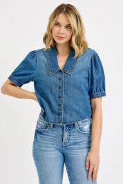 RISEN Button Down Puff Sleeve Crop Denim Shirt | Tops Daverri Fashions